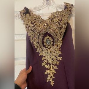 long maroon and gold off shoulder dress